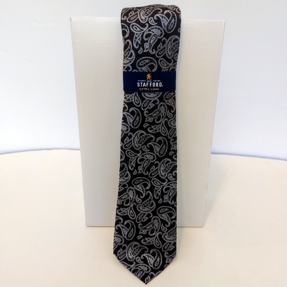 Strafford Extra Long Black/Silver Paisley Neck Tie.